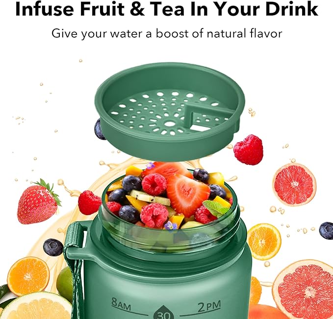 32oz Motivational Water Bottles with Time Marker & Fruit Strainer, Transparent Gradient Color Water Bottle with Times to Drink, Leakproof & BPA Free, Reusable Bottle with Strap (No Straw)-Ruum Studio Home