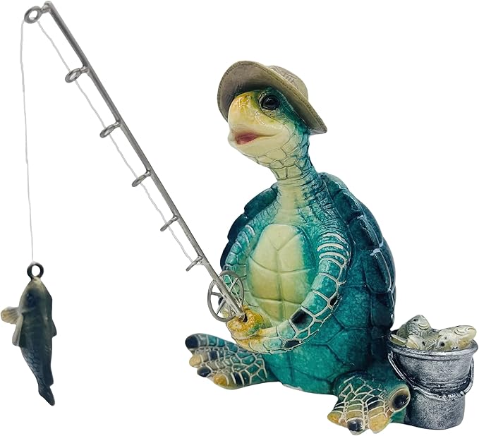 Turtle Fishing Decor, Summer Garden Statues, Nautical Coastal Beach Decorations, Home Office Decor Gifts, Bookshelf Desk Bathroom Tabletop Statue Ornament (Turtle Fishing)-Ruum Studio Home