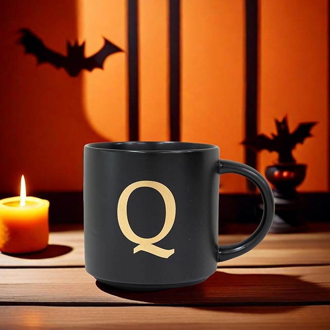 COLLECTIVE HOME - Monogram Ceramic Mugs, 15 oz Golden Initial Black Coffee Cups, Elegant Alphabet Tea Mugs, Elegant Personalized Mug with Gift Box, Unique Mug with Double Side Capital Lette (Q)-Ruum Studio Home