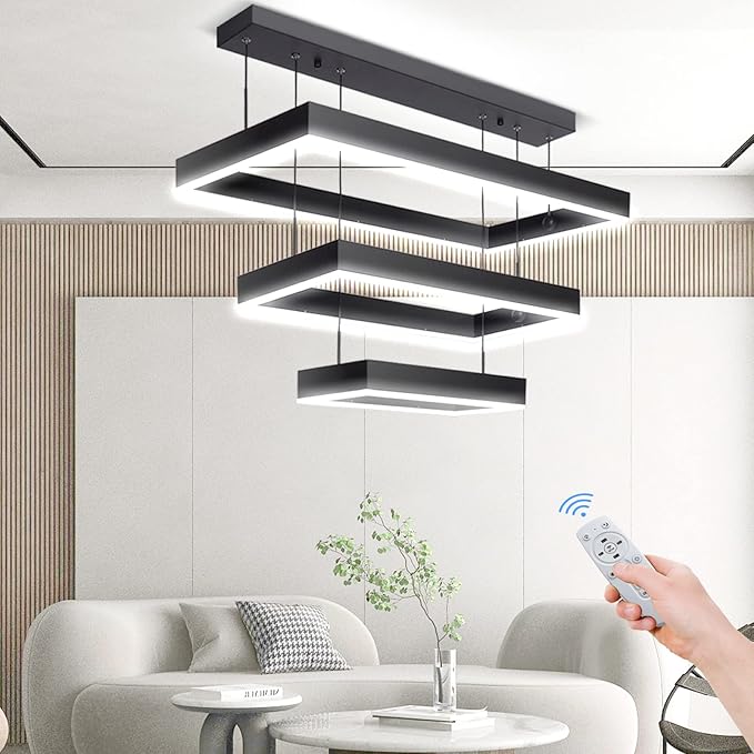 Modern 3 Rings Rectangle Chandelier for Living Room - Adjustable Height Luxury Foyer Lighting Fixture for High Ceiling, Hanging Dining Room LED Pendant Light-Ruum Studio Home