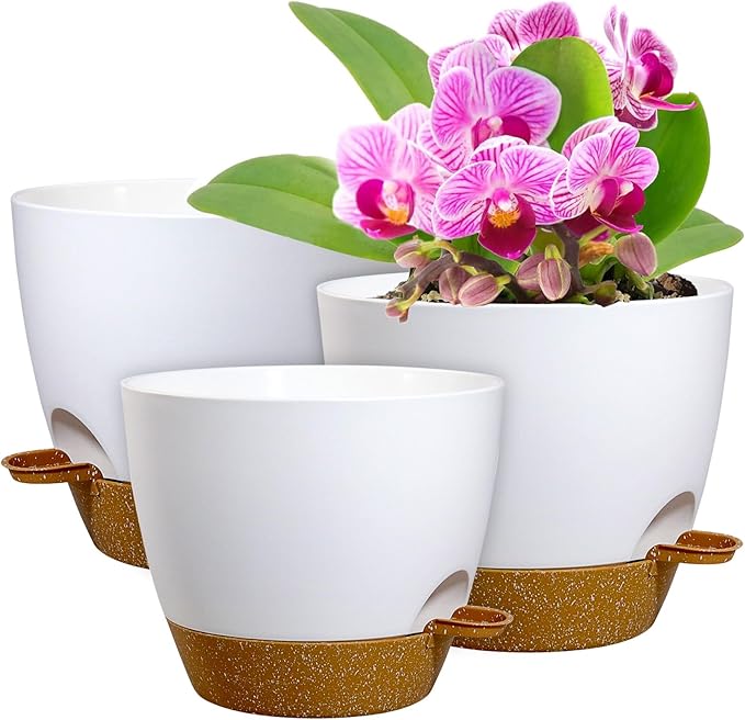 10/9/8 inch Medium Self Watering Pots, Planter, Plant Pots with Mesh Drainage Holes for Indoor Outdoor Garden Plants, Plastic Flower Pots with Removable Deep Reservoir, White with Brown-Ruum Studio Home