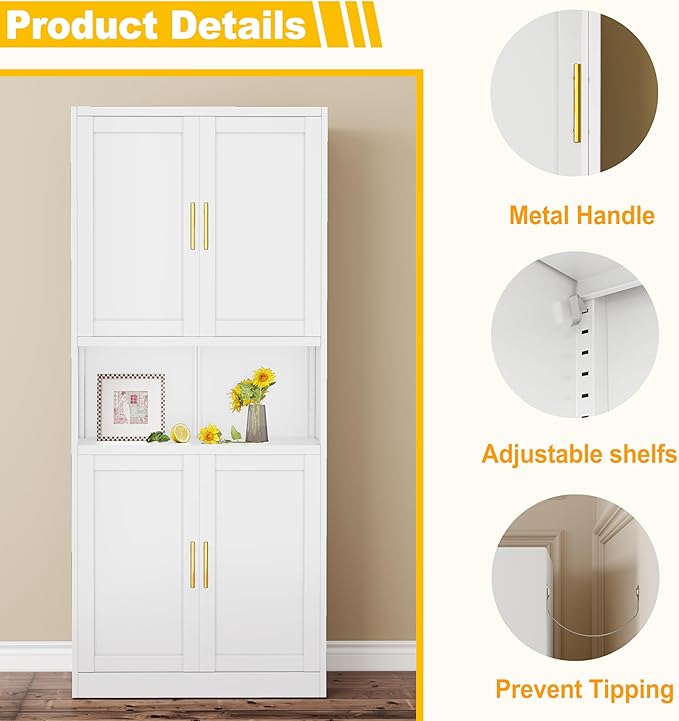Tall Pantry Cabinet 67" H Metal Cabinet with 4 Doors, Bathroom Cabinets, 3 Adjustable Shelves for Kitchen, Home Office, Living Room, Dinning Room-Ruum Studio Home