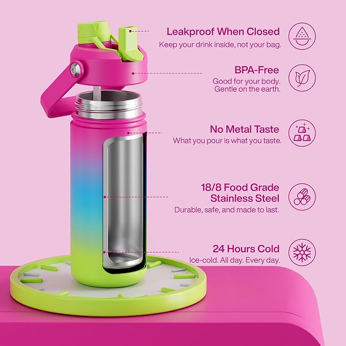 Insulated Water Bottle with Straw Stainless Steel Water Bottle, Leak-Proof, BPA-Free, Double Wall Vacuum Keeps Cold for 24 Hours for Sports, Travel, School (18 oz, Lime Sorbet)-Ruum Studio Home