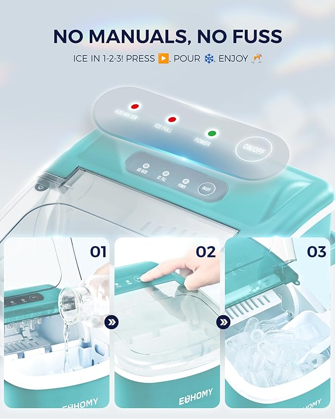 EUHOMY Countertop Ice Maker Machine with Handle, 26lbs Per Day, 9 Ice Cubes Ready in 6 Mins, Auto-Cleaning Portable Ice Maker with Basket and Scoop, for Home/Kitchen/Camping/RV (Green)-Ruum Studio Home