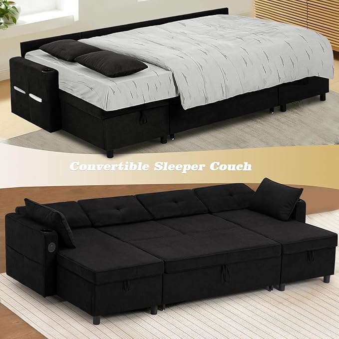 110 Inches Chenille Sectional Sofa w/Pull Out Sofa Bed & Adjustable Back, Tufted U Shaped Couch w/Two Storage Chaises, Sleeper Sectional Sofa w/USB Port & Cup Holders for Living Room, Black-Ruum Studio Home