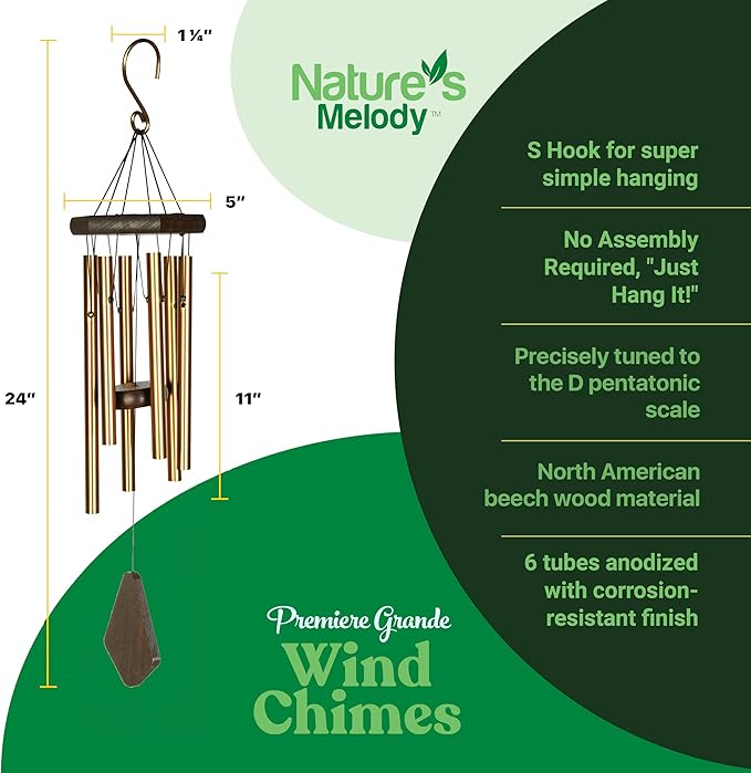 Nature’s Melody Premiere Grande Tunes Wind Chimes – Outdoor Windchime with 6 Tubes Tuned to E Pentatonic Scale, Rustproof Aluminum, Beech Wood & S Hook Hanger for Sympathy, Memorial Gift or Zen Garden-Ruum Studio Home