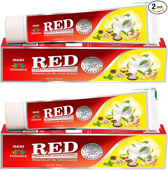 Jagat Devsutra Ayurvedic Herbal Red Toothpaste for Teeth Whitening & Cold Breath - 100% Natural Formula, No Fluoride & Artificial Colours - Pack of 2 (4.4 OZ Tubes) Try Once-Ruum Studio Home