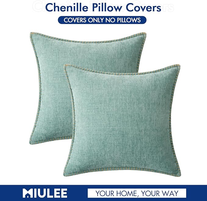 MIULEE Pack of 2 Couch Throw Pillow Covers 18x18 Inch Coastal Aqua Blue Farmhouse Decorative Pillow Covers with Stitched Edge Soft Chenille Solid Dyed Spring Pillow Covers for Sofa Bed Living Room-Ruum Studio Home