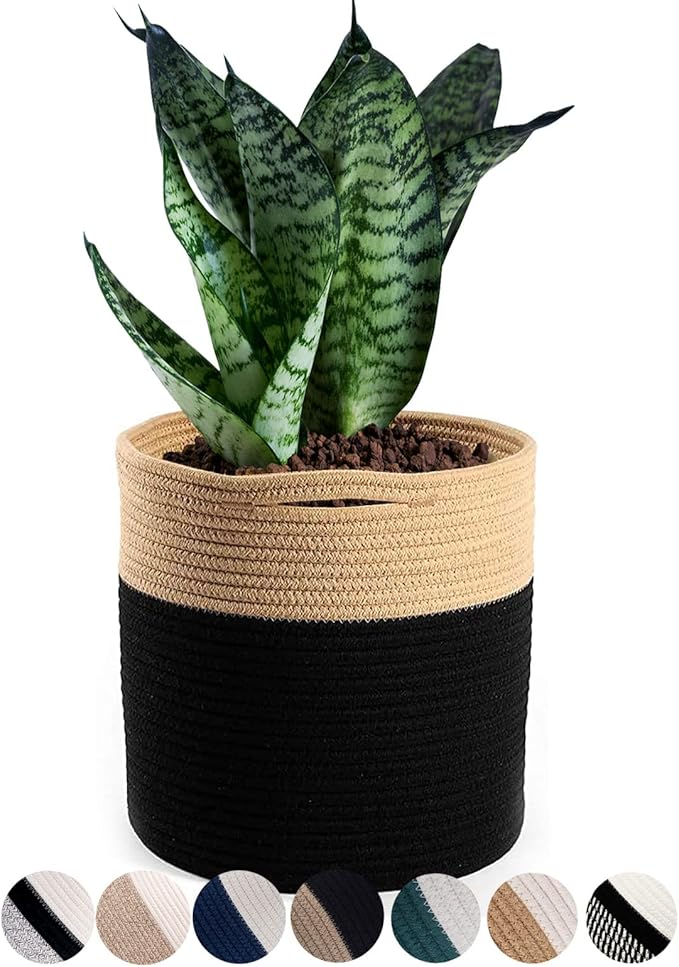 Woven Cotton Rope Plant Basket for 10" Flower Pot Floor Indoor Planters Flower Pot, Home Decor Storage Organizer H11 x W11 Black&Brown-Ruum Studio Home