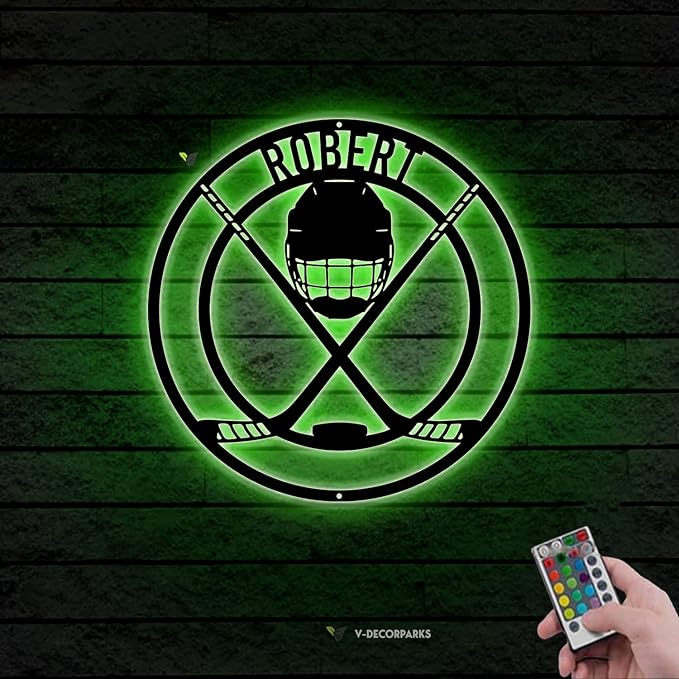 Personalized Hockey LED Wall Sign – Custom Name Light with Helmet, Sticks & Puck, 16-Color LED with Remote Control Neon Signs For Wall Decor, Hockey Decor for Boys Room, Man Cave-Ruum Studio Home