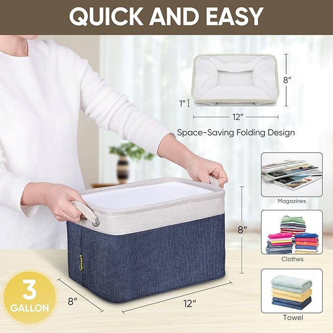 BALEINE 3 Pack Fabric Storage Bins for Shelves, Linen Storage Baskets for Organizing, Decorative Closet Bins for Clothes, Home (Navy Blue, 12"x8"x8")-Ruum Studio Home