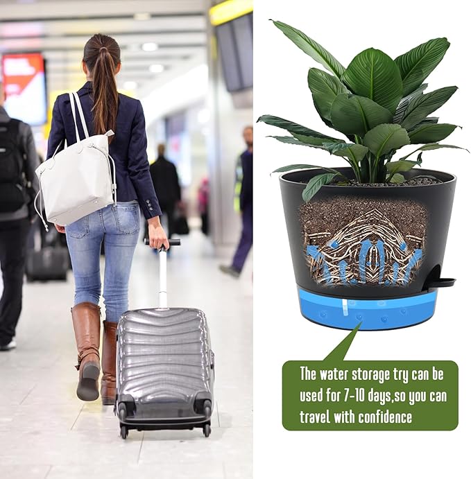 Self Watering Pots for Indoor Plants,12 inch Planters with Drainage Holes Plastic Flower Pots with Deep Reservoir, Black-Ruum Studio Home