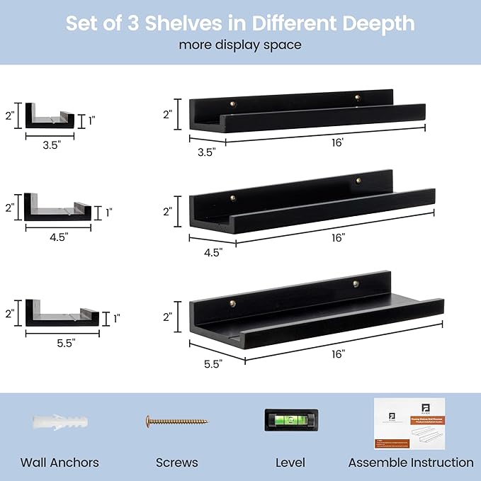 Picture Ledge Wall Shelves - 16 Inch Width Set of 3, Solid Pine Wood Rustic Floating Ledge Shelves for Kids' Room, Bedroom, Kitchen, Bathroom, Living Room, Nursery Display Decor, Black-Ruum Studio Home