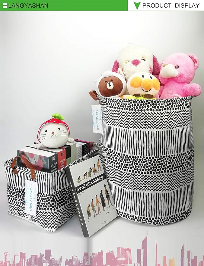 LANGYASHAN Rectangular Storage Bin Collapse Canvas Fabric Cartoon Storage Basket with Handles for Organizing Home Kitchen Boys and Girls Toys Office Closet Shelf Baskets (Rec Black line)-Ruum Studio Home