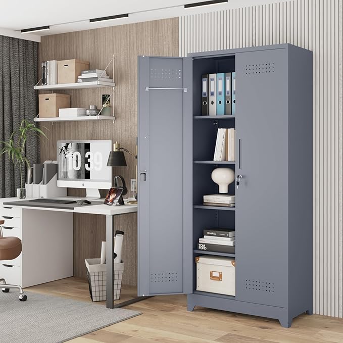 Lockable Storage Cabinet,Utility Closet with Doors and Shelves,SteelGarage Cabinet with Adjustable Shelves for Home,Garage,Gray-Ruum Studio Home