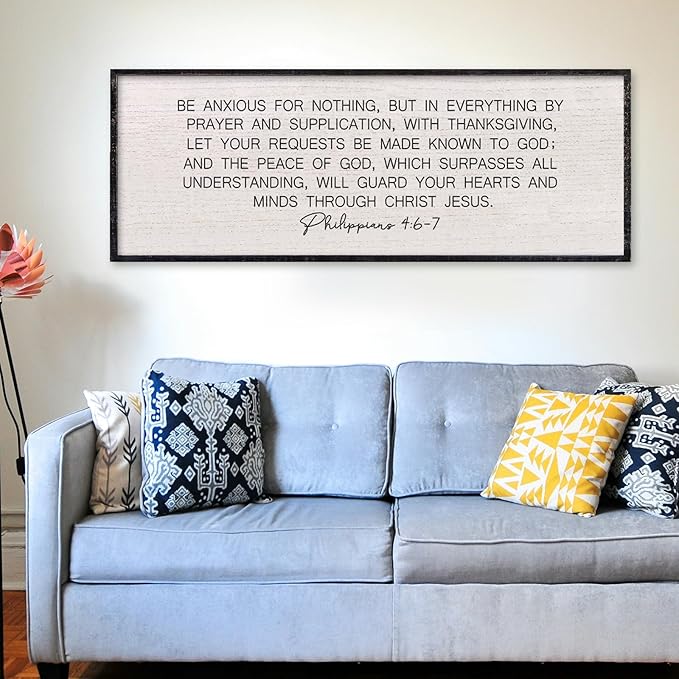 LuZhiQiang Be Anxious for Nothing Wall Decor 32"×12" Philippians 4:6-7 Bible Verse Sign Large Christian Scripture Wood Framed Hanging Decor (Black)-Ruum Studio Home