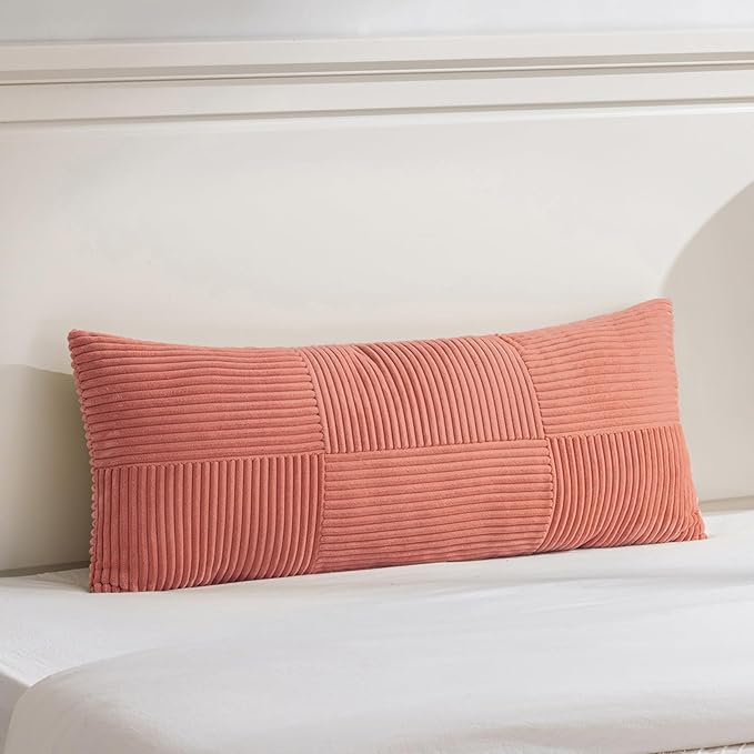 Fancy Homi Set of 2 Coral Boho Long Lumbar Body Decorative Throw Pillow Cover 14x36 Inch for Bed Couch Bedroom Bench, Soft Patchwork Corduroy Textured Pillow Case, Rustic Farmhouse Room Décor-Ruum Studio Home