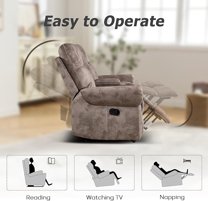 EBELLO Manual Recliner Loveseat Sofa, 2 Seater Reclining Couch Chair with Center Console, Hidden Storage and Cup Holders, Vintage Rivet Mid-Century Design for Living Room, Meeting Room, Brown-Ruum Studio Home