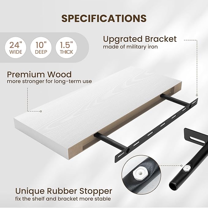 Fun Memories 24 Inch Floating Shelves Wall Mounted, 10 Inch Deep Wall Shelves, 24 x 10 Floating Shelf for Living Room Bathroom Bedroom, White, Set of 2-Ruum Studio Home