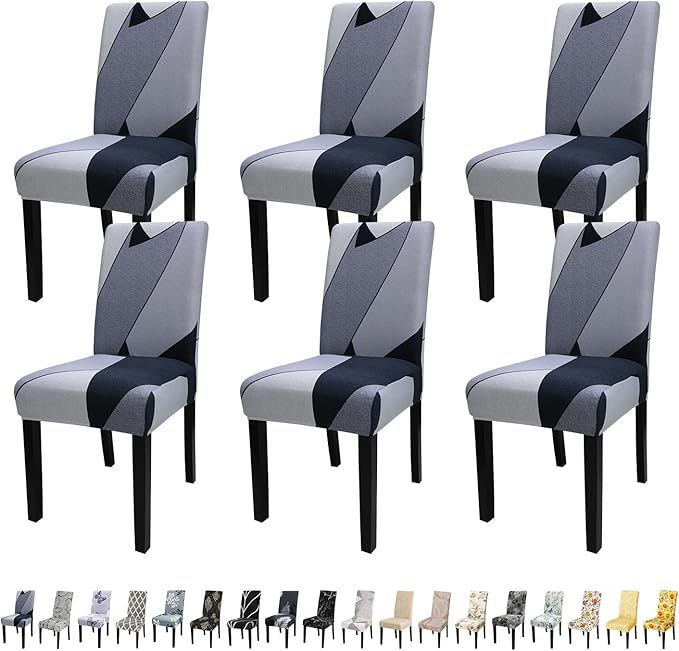 JQinHome Pattern Chair Covers for Dining Room Set of 6, High Stretch Removable Washable Parsons Chair Slipcover for Home Party Hotel Wedding Ceremony (White Grey,6PCS)-Ruum Studio Home