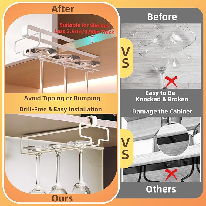 LINFIDITE 2 Pack Wine Glass Holder Stemware Rack Hanger Under Cabinet Wine Glass Rack Kitchen Hanging Storage Rack Organizer,White-Ruum Studio Home