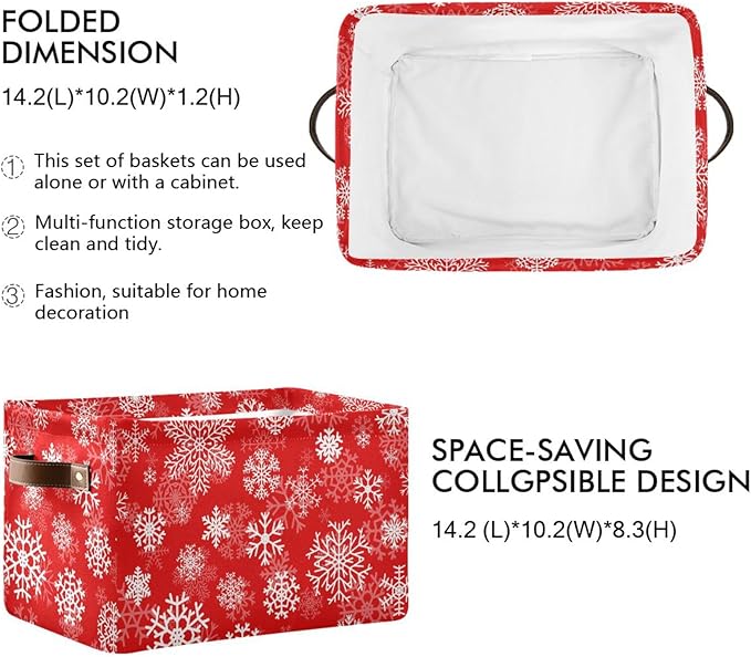 Christmas White Snowflakes on Red Storage Basket Cube Storage Bins Organizer Bag Collapsible Closet Shelf Baskets with handle for Baby Cloth Pet Toy Book 14.2×10.2×8.3 IN-Ruum Studio Home