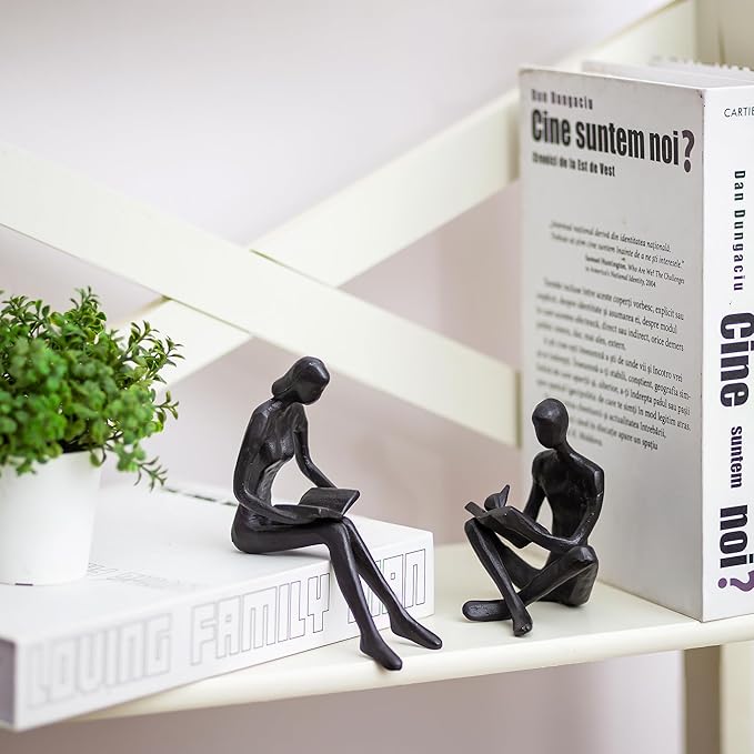 Sziqiqi Book Ends for Shelves Decorative - Cast Iron Bookends for Books Reading Couple Bookshelf Decorative Objects Metal Modern Statue Sculpture Gift for Readers Book Lovers Nerd-Ruum Studio Home