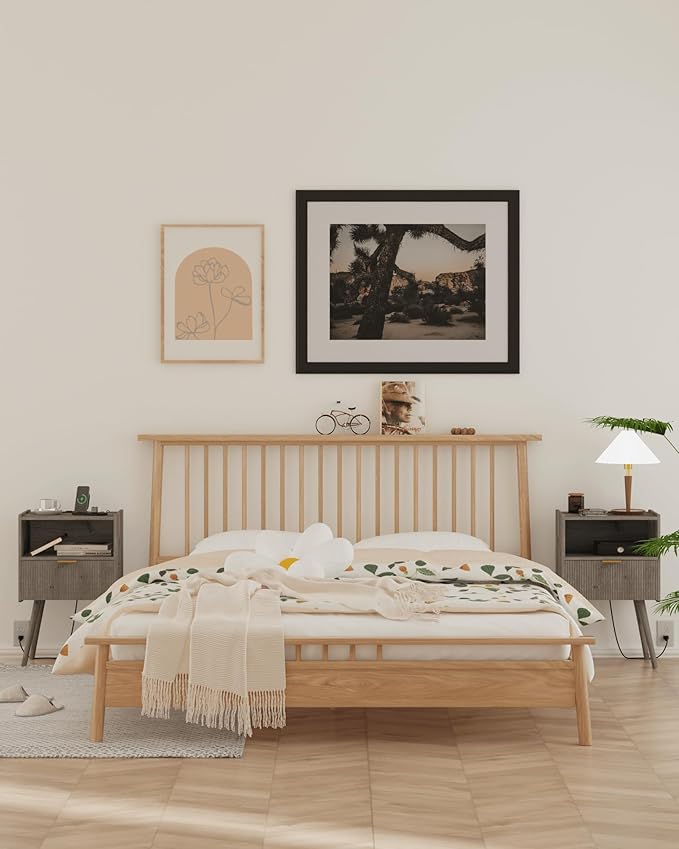 Nightstand,Modern Bedside Table with Storage Drawer and Open Wood Shelf, Accent Night Stand with Solid Wood Legs for Living Room, Bedroom and Small Spaces,Easy Assembly (Grey Oak-Outlet)-Ruum Studio Home