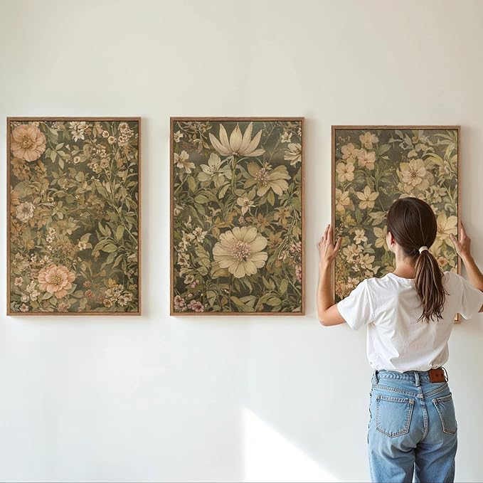 SIGNINART Vintage Floral Framed Canvas Wall Art Set of 3, Mid Century Modern Flowers Wall Decor, Neutral Botanical Artwork, Retro Wildflower Art Prints for Bedroom, Living Room, Office 24"x36"x3-Ruum Studio Home