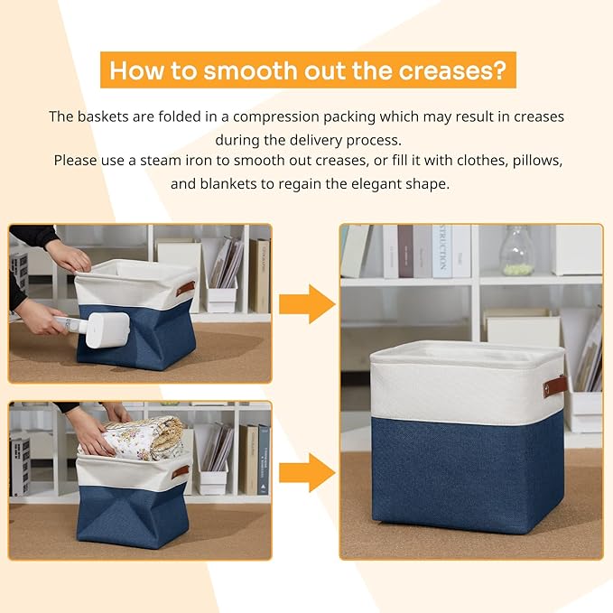 DULLEMELO [Set of 4 Storage Cubes Baskets for Organizing, 11 x 11 x 11 inch Cube Storage Organizer Bins with Leather Handles, Foldable Fabric Cloth Bins for Cube Storage(4 Pack - 11" White&Blue)-Ruum Studio Home