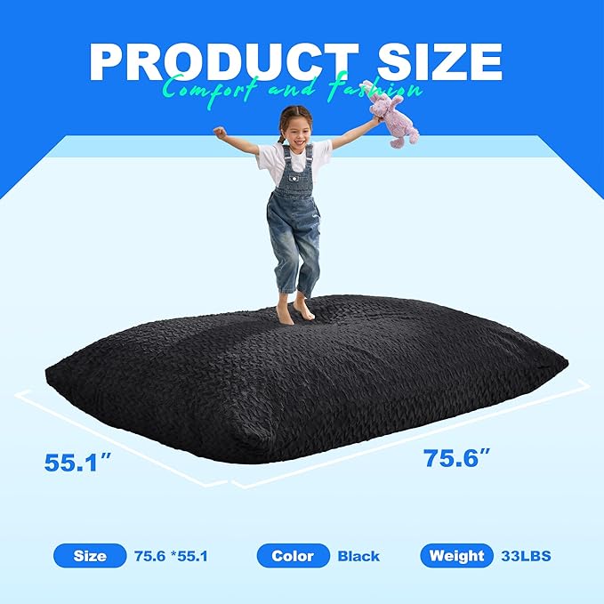 Hobestluk 3 in 1 Bean Bag Chair Giant Bean Bag Chairs for Adults with Chevron Plush Fur Cover Convertible Bean Bag Floor Cushion with Machine Washable Cover for Living Room (Chevron Plush Black)-Ruum Studio Home