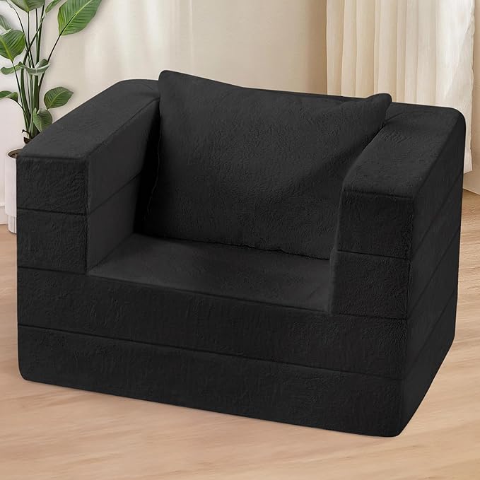 Folding Bean Bag Chair for Adults,3-in-1 Bean Bag Couch Faux Fur Floor Sofa Large Beanbag Convertible Bean Bag Sofa Bed with Pillow in Bedroom,Living Room,Apartment(Twin,Black)-Ruum Studio Home