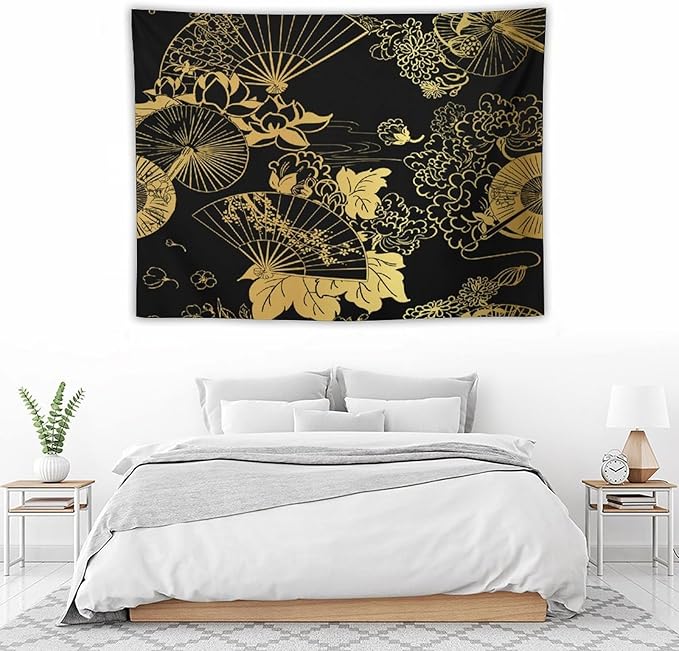 HZOHNAGO Japanese Tapestry Gold Flowers Umbrella Fan Pattern Printed Wall Tapestry Painting Wall Hanging for Bedroom Living Room Dorm 40" W x 30" H-Ruum Studio Home
