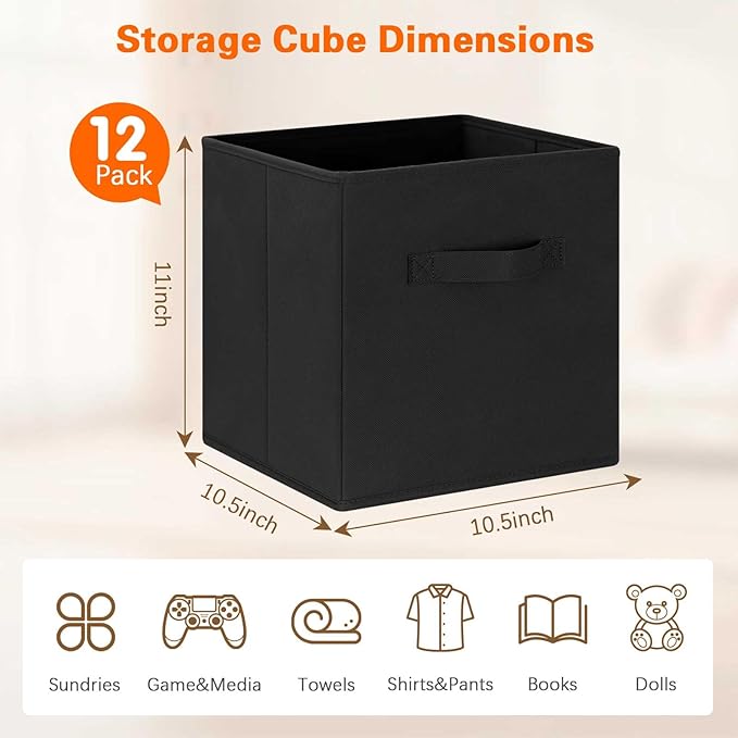 GhvyenntteS Storage Cubes 12 Pack, 11 Inch Cube Storage Bins with Dual Handles, Collapsible Heavy Duty Fabric Bins for Shelves Closet, Baskets for Organizing Clothes Bedding Toys Books (Black)-Ruum Studio Home
