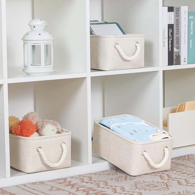 Bidtakay Small Storage Bins for Shelves 3 Pack Fabric Storage Baskets for Organizing 12x8x5 Inch Closet Storage Bins Linen Collapsible Organizer for Closet-Light Biege-Ruum Studio Home