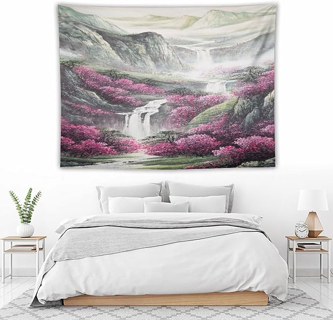 Japanese Tapestry, Red Plum Blossom Mountain Tapestry, Asian Japanese Wall Tapestry, Nature Landscape Tapestries for Bedroom Living Room Decor 80"x60"-Ruum Studio Home