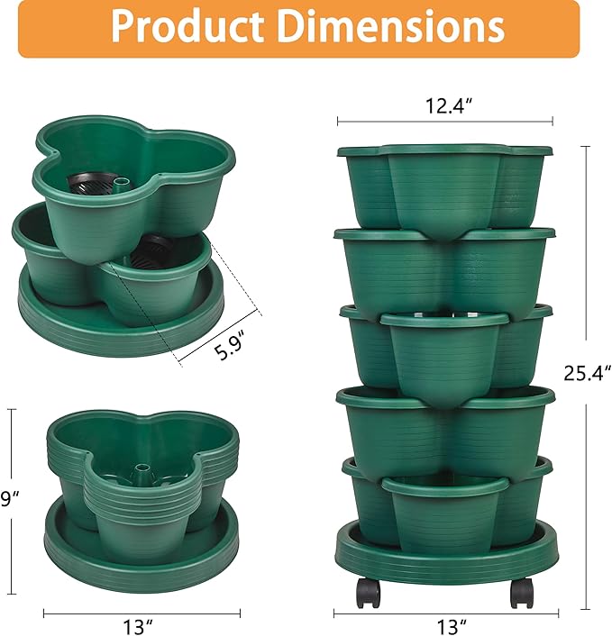 VECELO 5 Tier Vertical Garden Planter, Self Watering Stackable Planters with Wheels for Strawberries, Herbs, Flowers, Vegetables, Dark Green-Ruum Studio Home