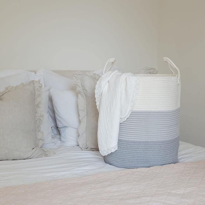 OrganiHaus Gray Nursery Laundry Basket 15x18 | Farmhouse Hamper Basket | Extra Large Storage Basket | Blanket Basket for Living Room | Baby Laundry Hamper | Toy Basket for Kids | Soft Pillow Basket-Ruum Studio Home