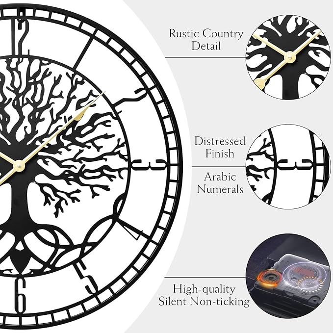 Tree of Life Wall Clock – Elegant 24-Inch Oversized Metal Farmhouse Decor for Living Room, Modern Battery Operated Wall Clock with Silent Operation-Ruum Studio Home