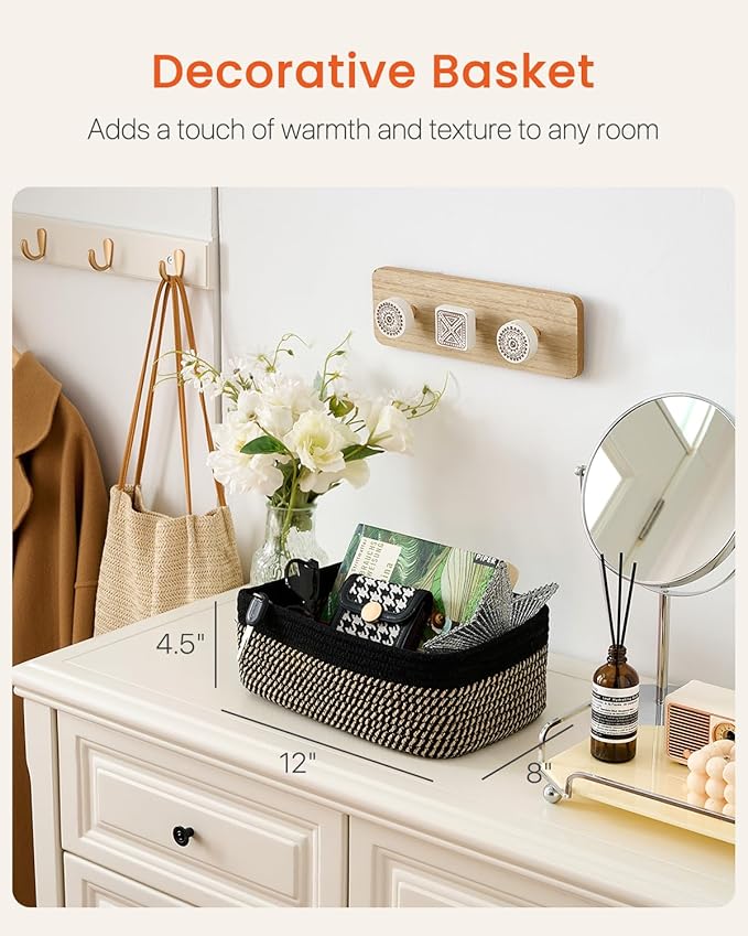 KALLAX Small Woven Basket, 12 x 8 x 4.5 Inches, Storage Basket for Organizing, Cute Small Rope Shelf Closet Cube Storage Bins Baskets for Shelves, Dog Toy Gift Baskets Empty, 3 Pack Black & Brown-Ruum Studio Home