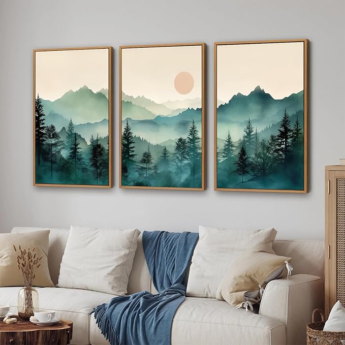 SIGNINART Large Mountain Framed Canvas Wall Art Set, Abstract Misty Forest Wall Decor, Foggy Nature Pine Tree Wall Painting, Modern Boho Sunrise Art Prints for Bedroom Living Room and Office 24"x36"x3-Ruum Studio Home