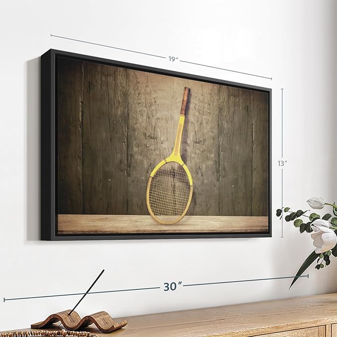 ElephantStock Vintage Tennis Racket Wall Art - Horizontal Framed Canvas - 1-Piece Living Room Wall Decor - Photography Sports Canvas Print - Brown and Black Decor for Wall - 19" X 13"-Ruum Studio Home