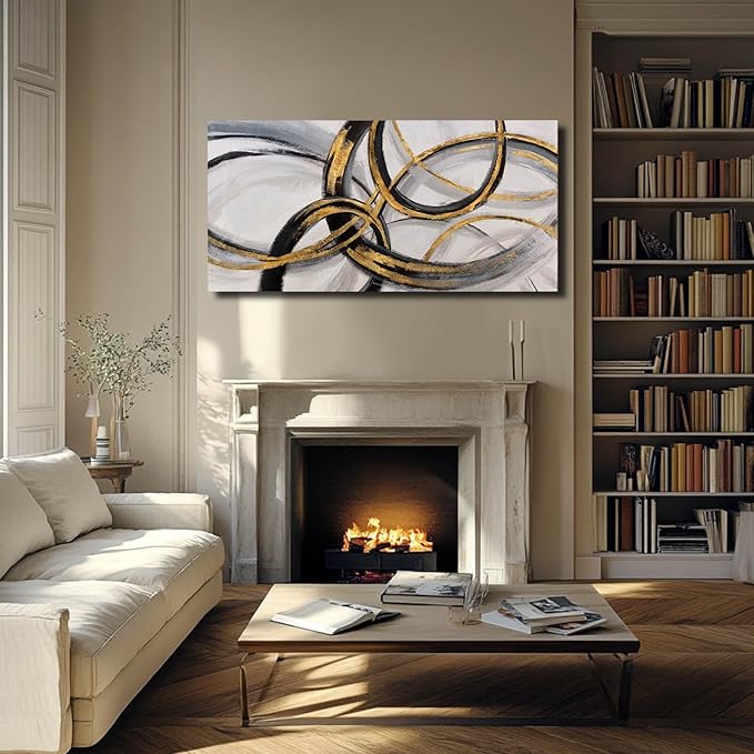 SOUGUAN Living Room Decor for Wall Abstract Wall Art 30x60in Black and Gold Wall Art Round Ring Wall Decoration for Bedroom Dining Room Home Office Ready to Hang-Ruum Studio Home