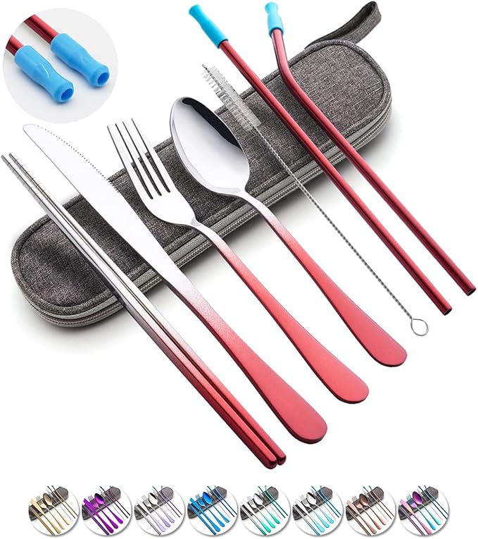 Travel Utensils Set with Case Reusable Portable Cutlery Set Stainless Steel 8pcs Including Dinner Knife Fork Spoon Chopsticks straws (Gradient Red)-Ruum Studio Home