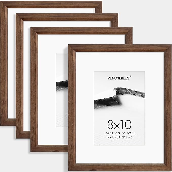8x10 Picture Frame Set of 4 Natural Solid Walnut Photo Frames with 5x7 Removable Mat Wall Hanging Large Handcrafted Frame with HD Plexiglass Wall and Tabletop Display Large Poster Frame-Ruum Studio Home