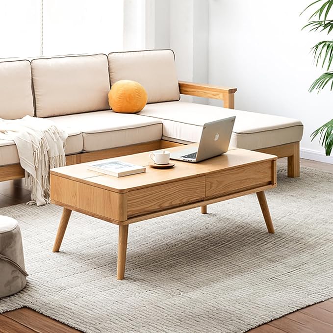 100% Solid Wood Lift Top Coffee Table for Living Room, Mid Century Modern Tables with Drawers and Large Storage, Oak Coffee Tables for Small Spaces (Oak Wood Log, 47.24" W x 23.62" D x 25.59" H)-Ruum Studio Home