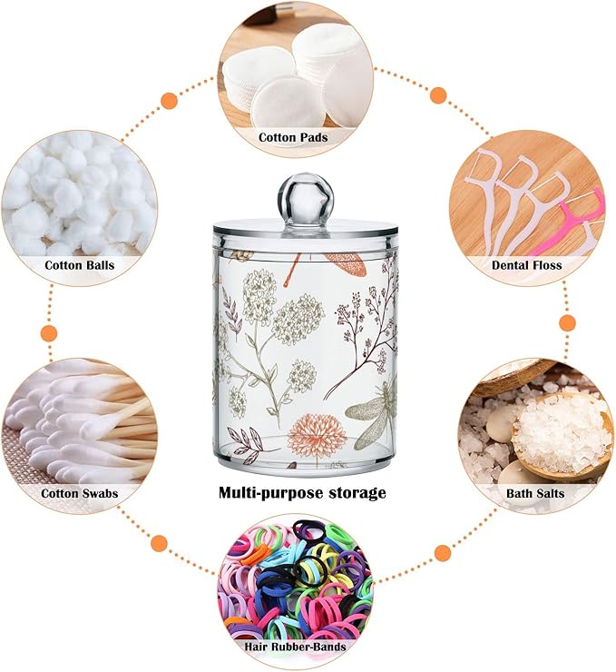 2 Pack Qtip Holder Organizer Dispenser Dragonfly Pattern Bathroom Storage Canister Cotton Ball Holder Container for Cotton Swabs/Pads/Floss-Ruum Studio Home
