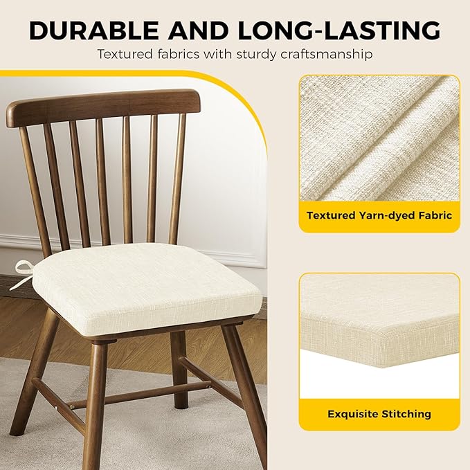 downluxe Indoor Chair Cushions for Dining Chairs, Foam Kitchen Chair Pads with Ties and Non-Slip Backing, 16" x 16" x 2", Beige, 6 Pack-Ruum Studio Home