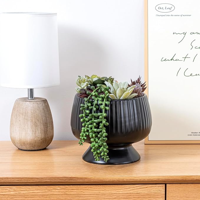 MyGift 8 Inch Modern Green Artificial Succulent Arrangement Potted in Matte Black Fluted Ceramic Round Planter, Decorative Plant Pot with Assorted Faux Mini Succulents-Ruum Studio Home