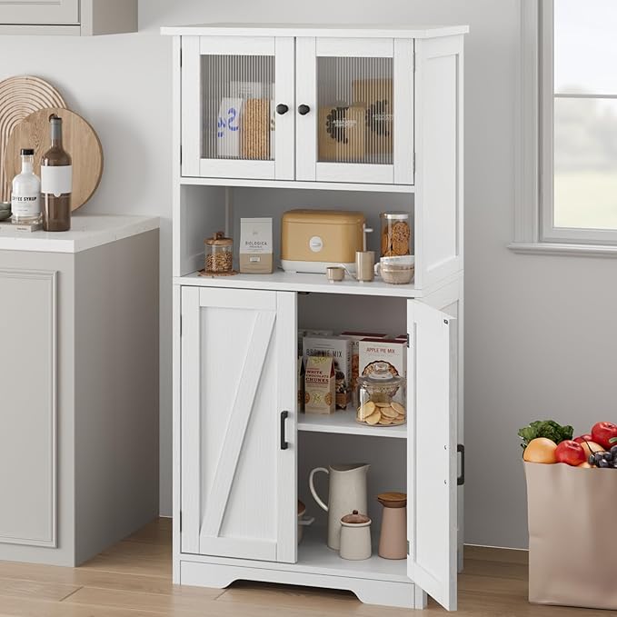 GarveeHome 54in Tall Bathroom Cabinet, Farmhouse Storage Cabinet with Glass Doors and Adjustable Shelves, Freestanding Kitchen Pantry Cabinets, Cupboard for Living Room, Dining Room, White-Ruum Studio Home